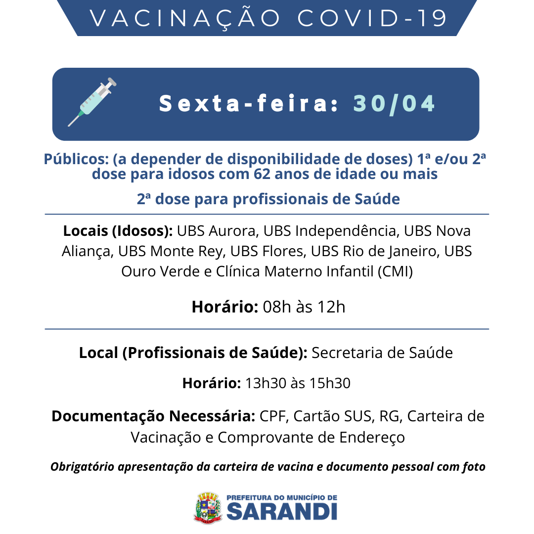 Cronograma de Vacinação contra Covid-19 - Sexta-feira - 30/04/2021